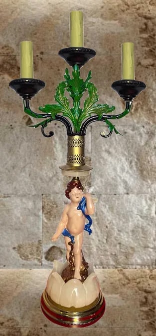 Mid-Century Tole Candelabra Table Lamp: Cherub Alabaster Flower - 2