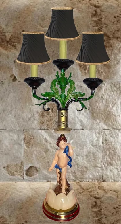 Mid-Century Tole Candelabra Table Lamp: Cherub Alabaster Flower - 3