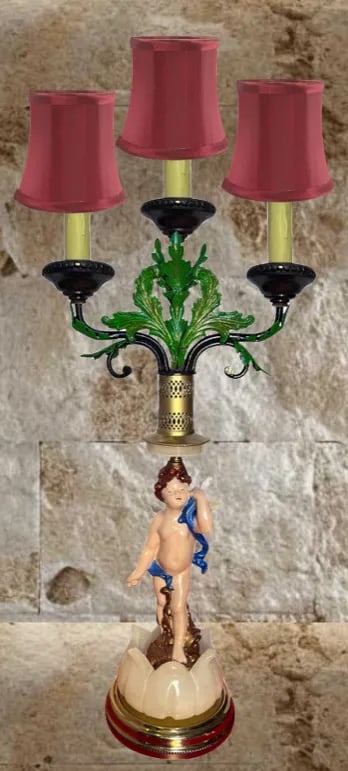 Mid-Century Tole Candelabra Table Lamp: Cherub Alabaster Flower - 5