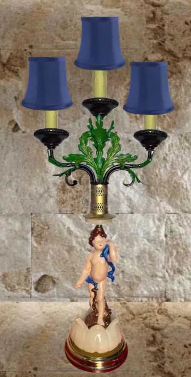 Mid-Century Tole Candelabra Table Lamp: Cherub Alabaster Flower - 7