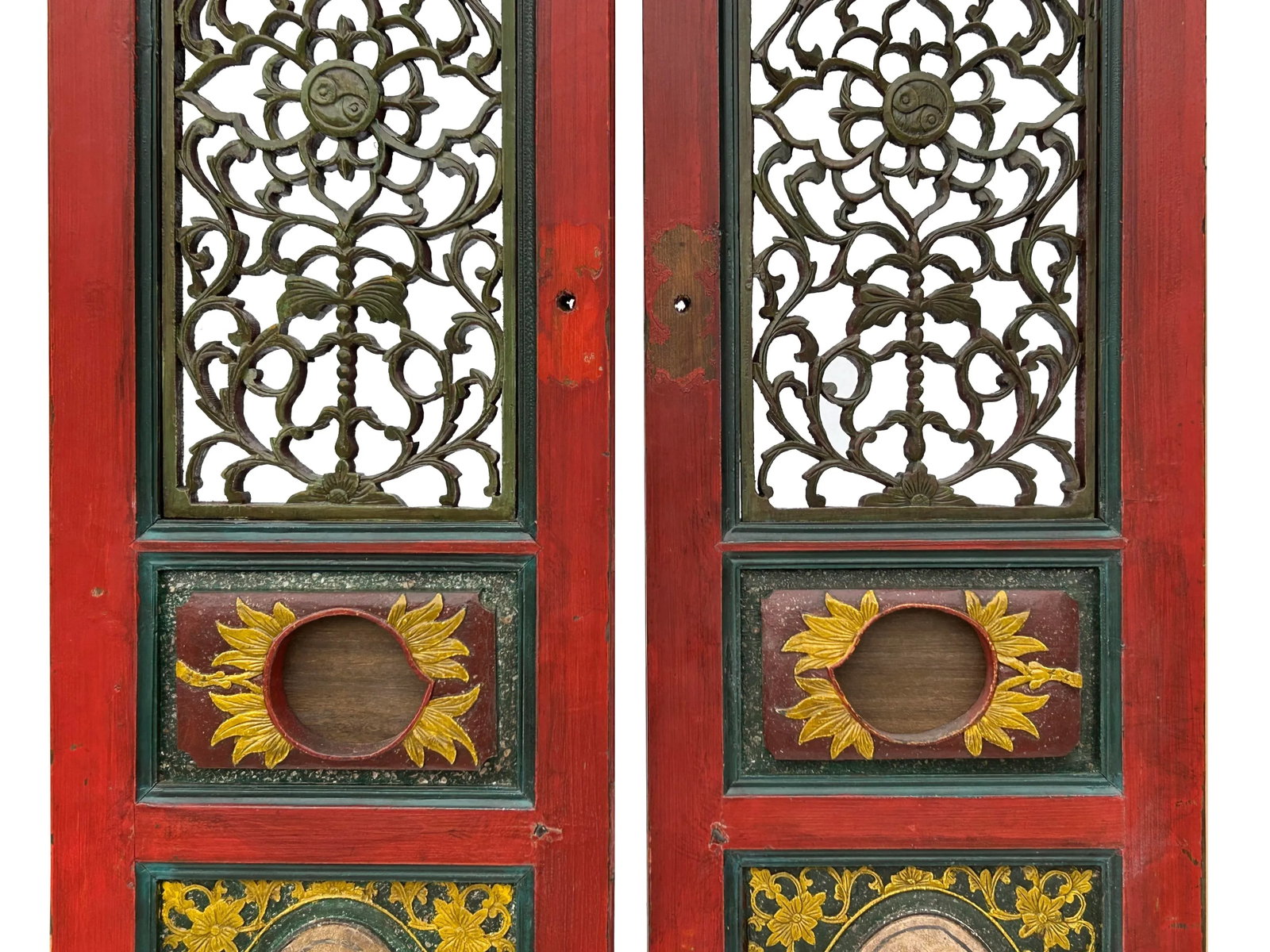 Pair Vintage Red Green Yellow Fujian Relief Carving Door Panels - 10