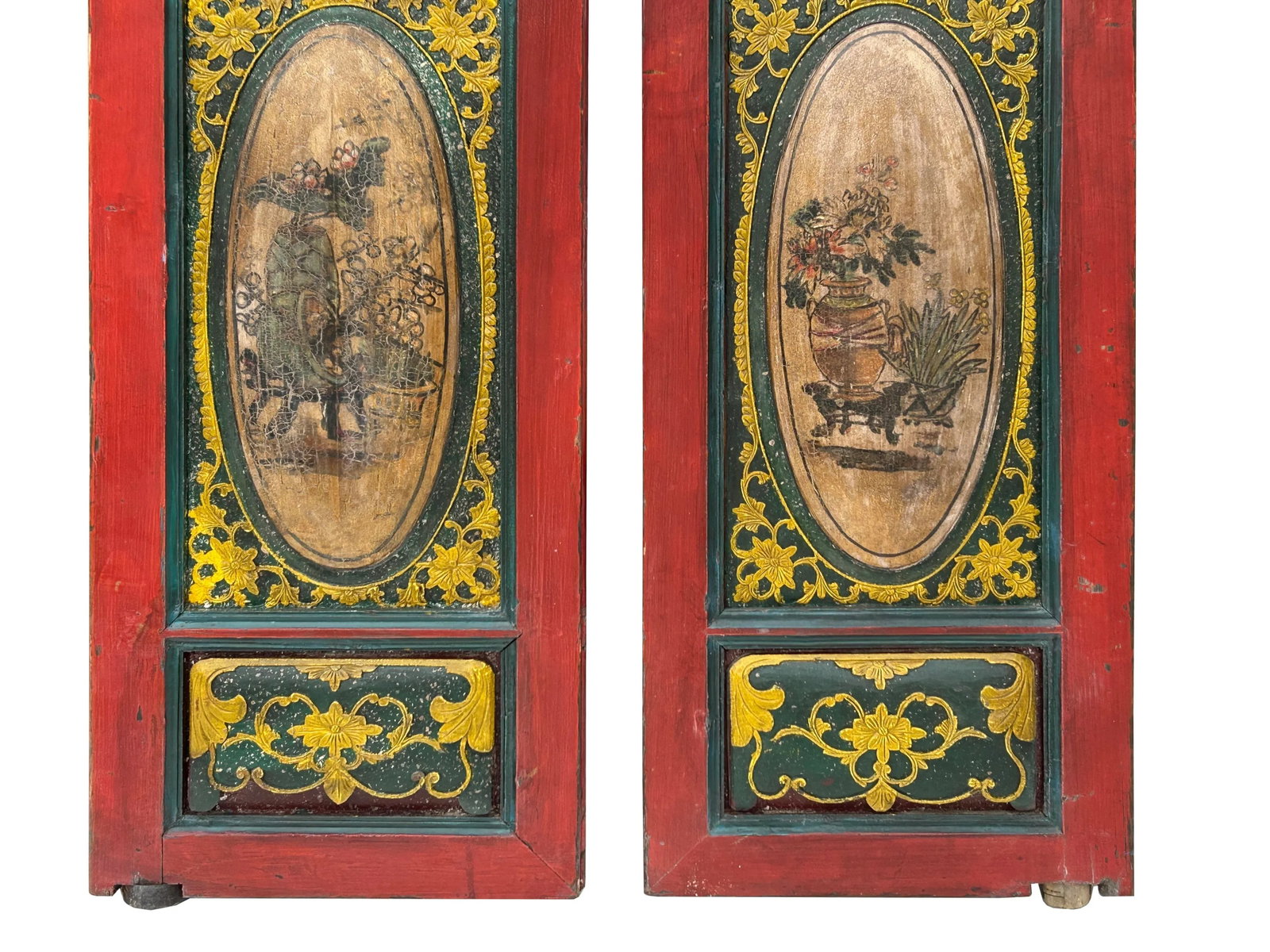 Pair Vintage Red Green Yellow Fujian Relief Carving Door Panels - 11