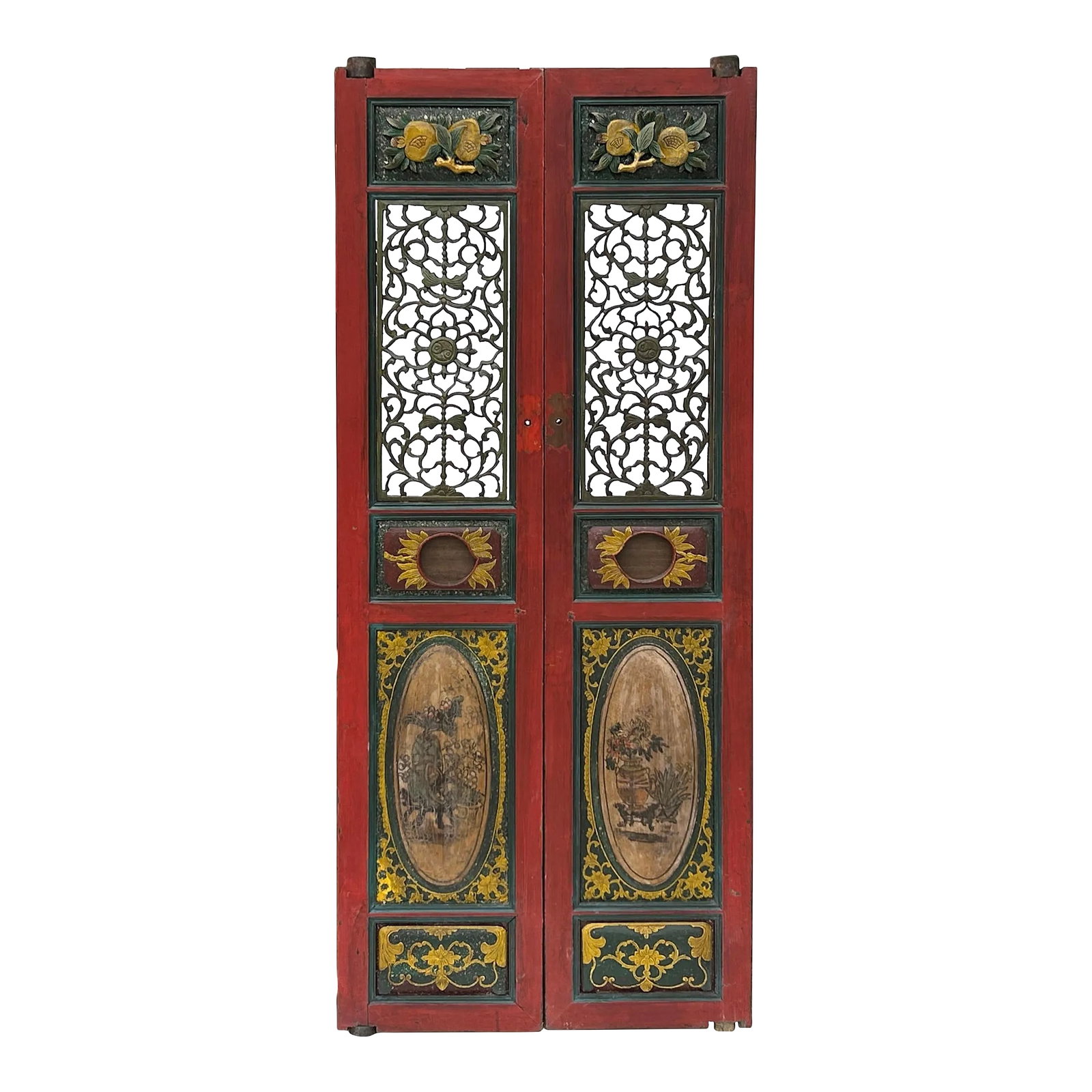 Pair Vintage Red Green Yellow Fujian Relief Carving Door Panels (1 of 11)