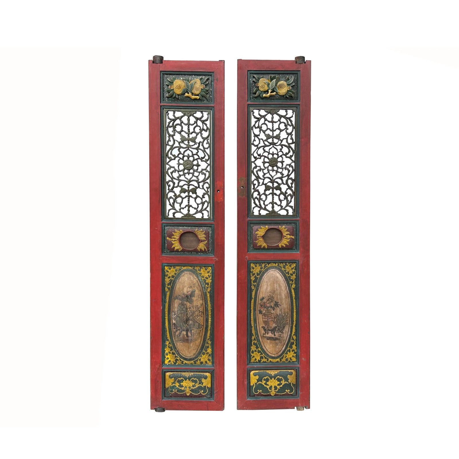 Pair Vintage Red Green Yellow Fujian Relief Carving Door Panels - 2