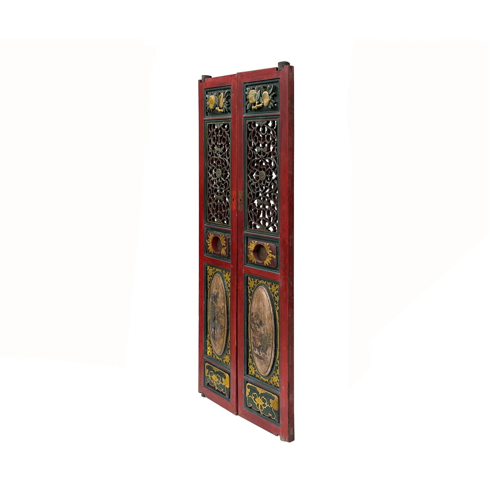 Pair Vintage Red Green Yellow Fujian Relief Carving Door Panels - 3