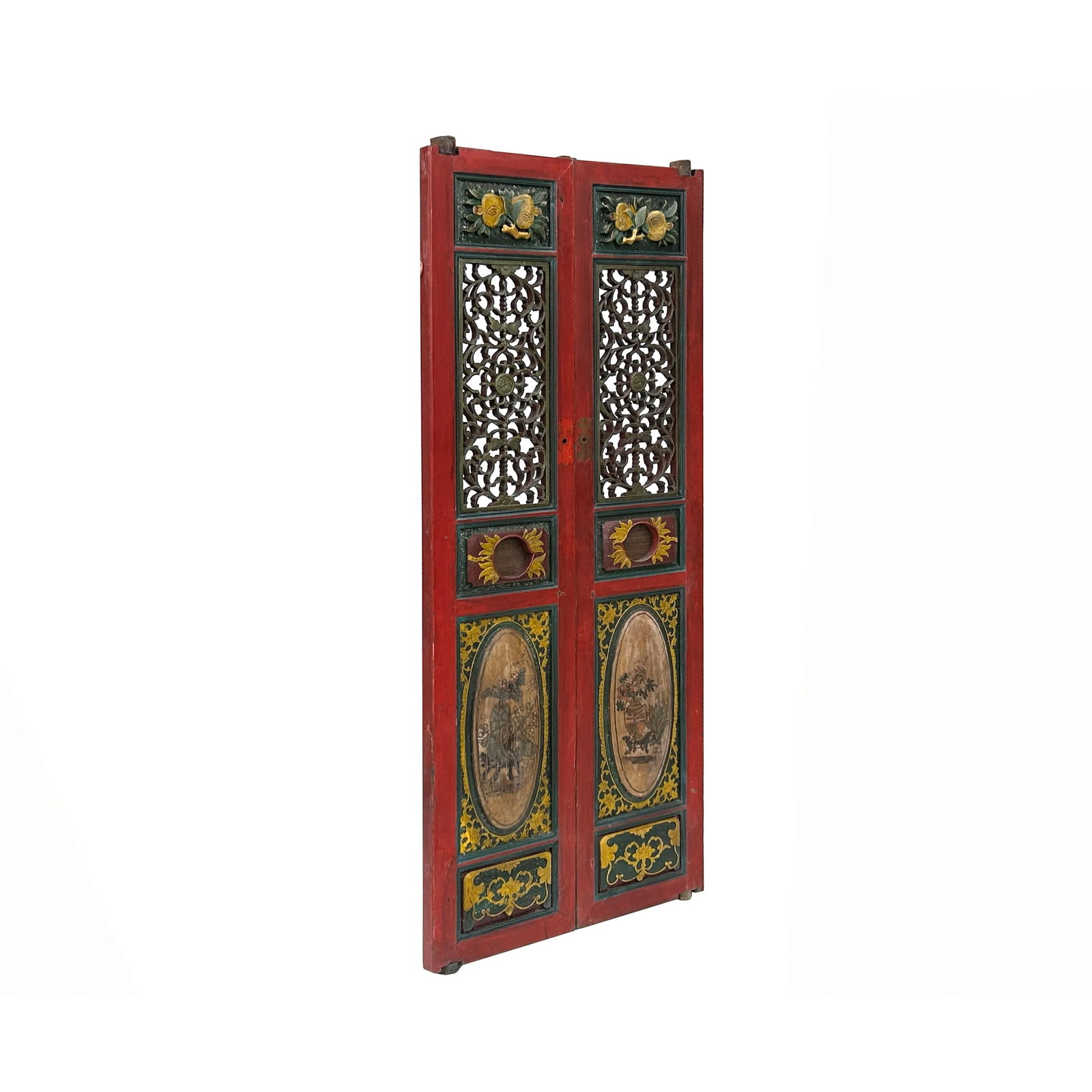 Pair Vintage Red Green Yellow Fujian Relief Carving Door Panels - 6