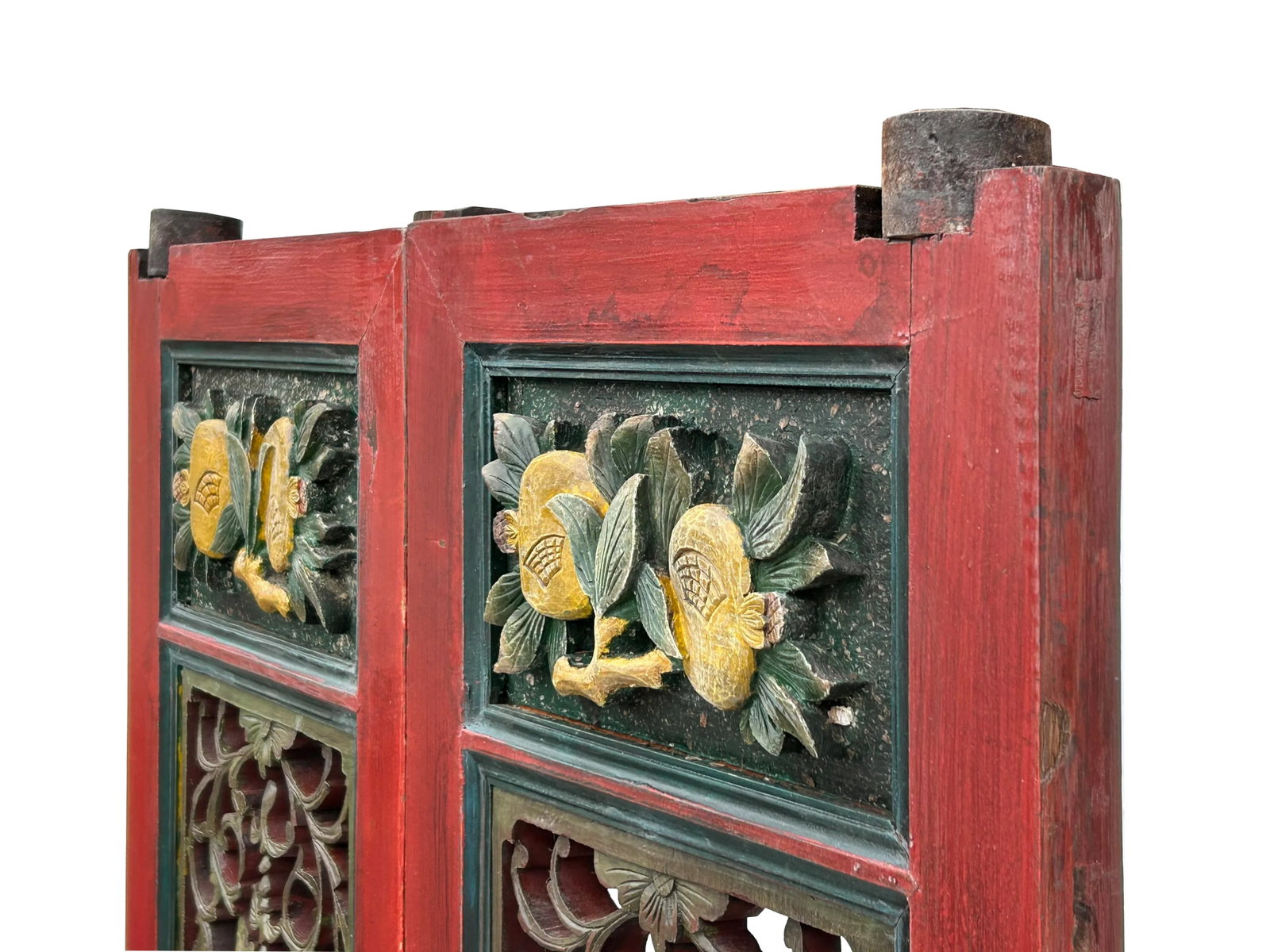 Pair Vintage Red Green Yellow Fujian Relief Carving Door Panels - 8