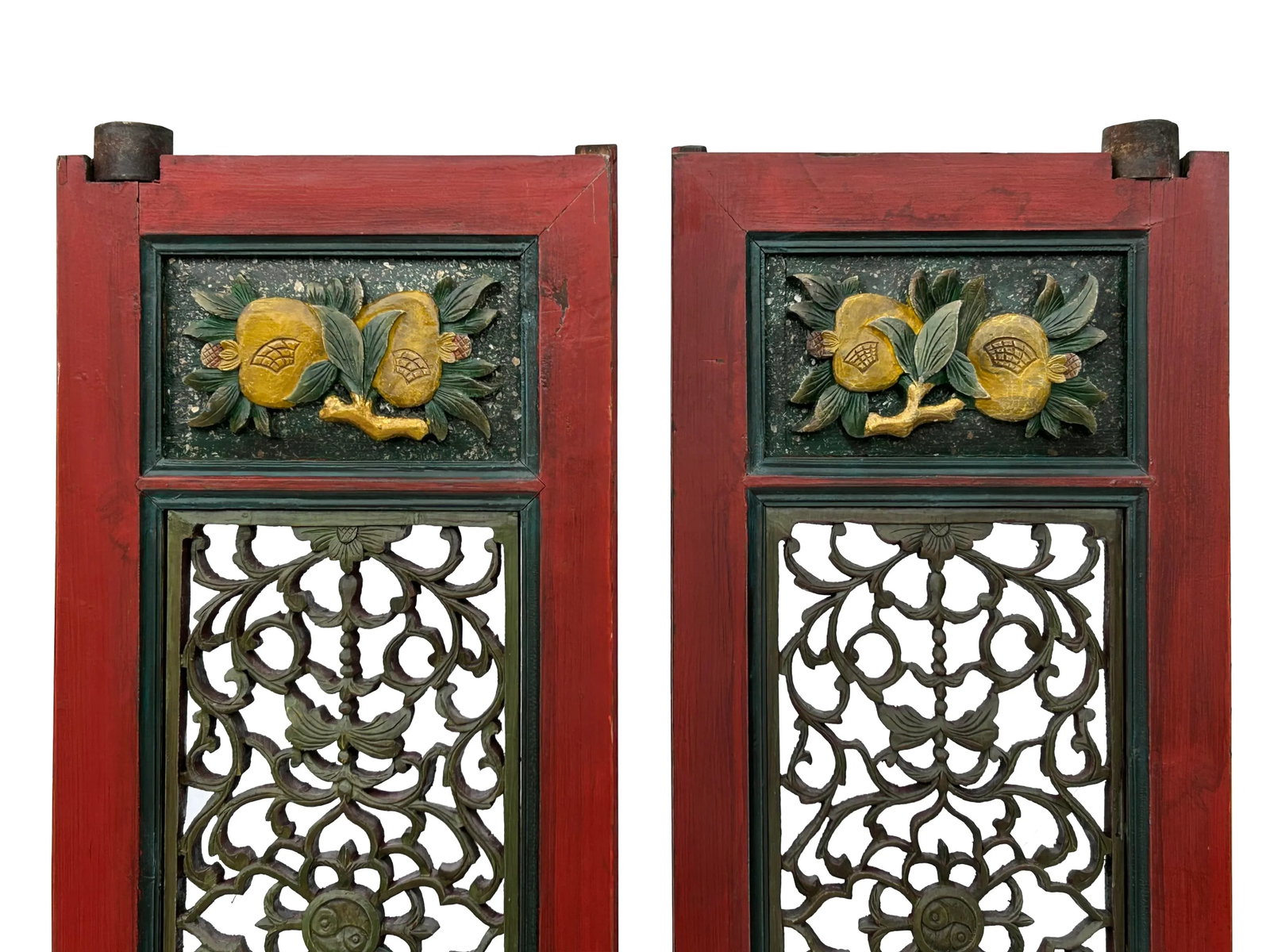 Pair Vintage Red Green Yellow Fujian Relief Carving Door Panels - 9