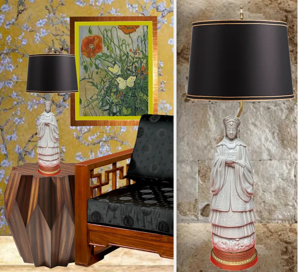 Antique Goddess Celadon Table Lamp: Guan Yin - 10