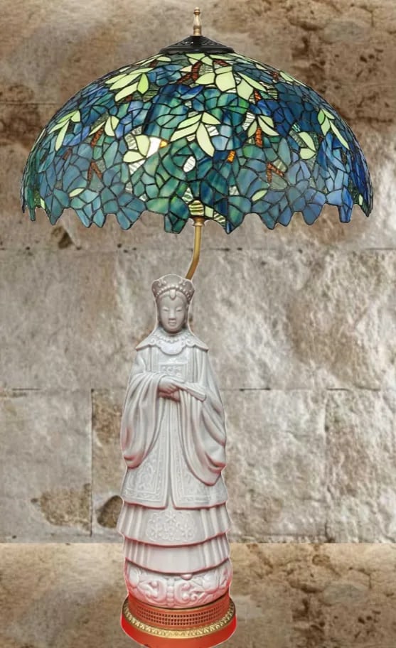 Antique Goddess Celadon Table Lamp: Guan Yin - 8