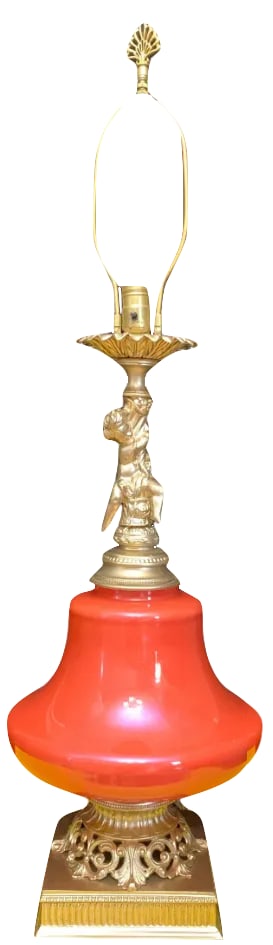 Mid-Century Cherub Orange Table Lamp: This stunning large mid-century table lamp showcases an elegant design that beautifully marries vintage charm with contemporary flair. The lamp's body features an exagarated pear shaped silhouette