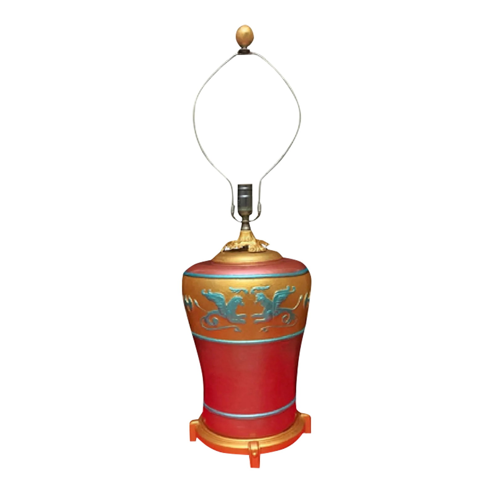 Vintage Griffin Amphora Table Lamp: This exquisite ceramic table lamp is a stunning homage to ancient artistry, reminiscent of a Greek amphora. Its body is adorned with majestic cerulean blue griffins in relief. These majestic mythical
