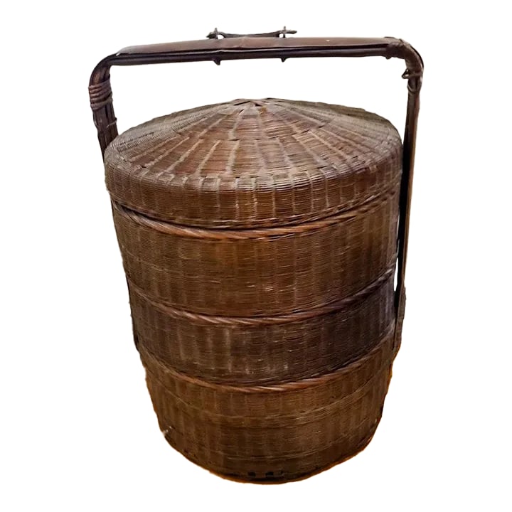 Early 20th Century Antique Chinese 3-Tier Betrothal Wedding Basket: Chinese betrothal baskets are gifts from the family of the groom, which they with dowry gifts for the bride's family. The gifts traditionally come in even numbers. Food, sewing materials, a