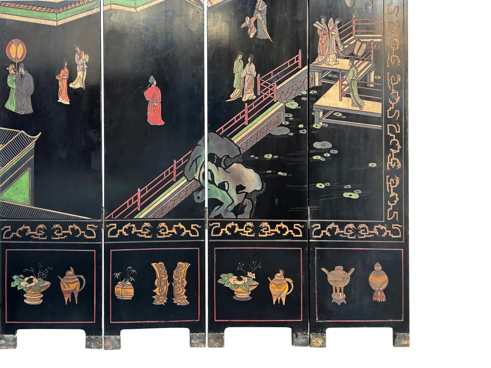 Vintage Chinese Coromandel Lacquer Court House Theme 8 Panel Screen - 11