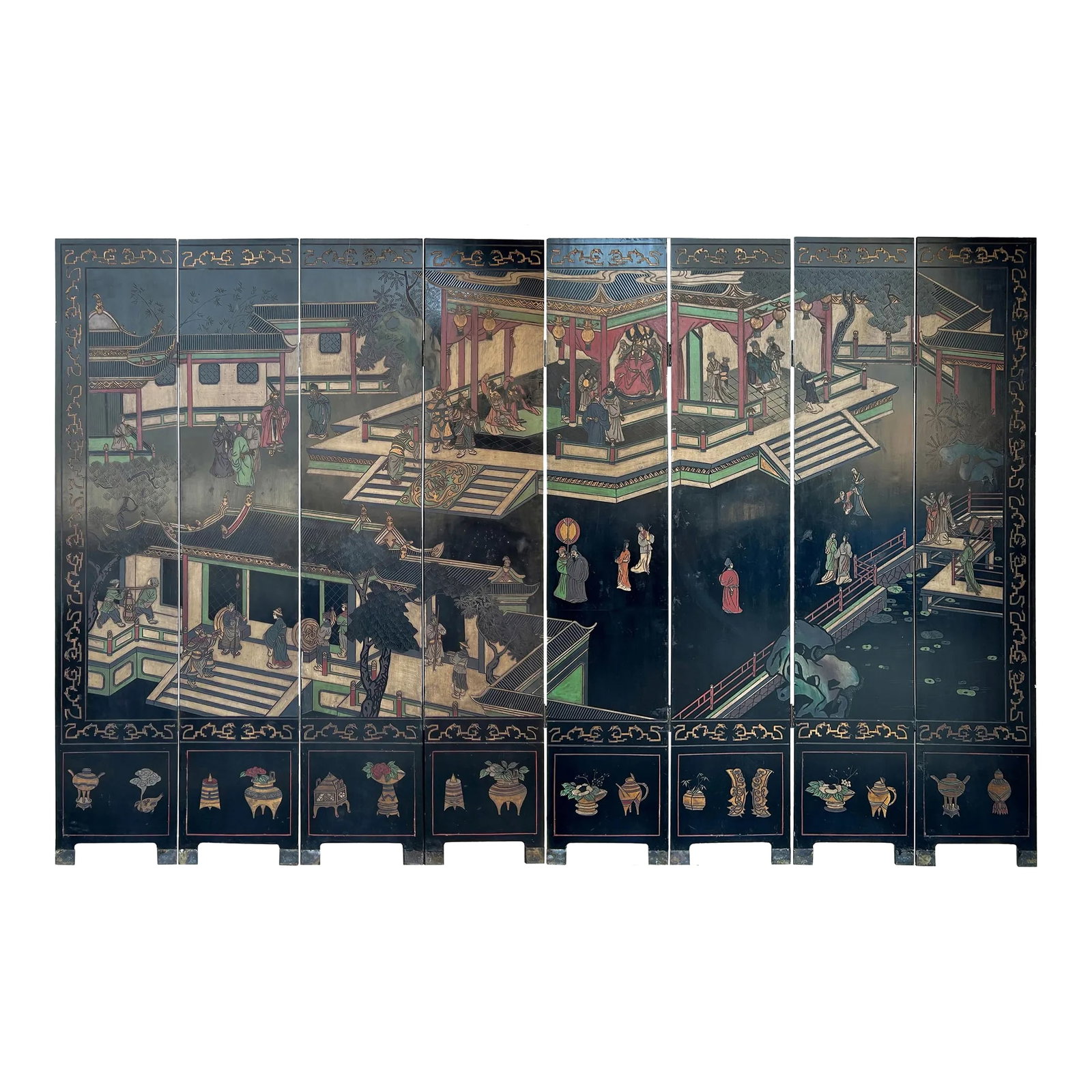 Vintage Chinese Coromandel Lacquer Court House Theme 8 Panel Screen (1 of 12)