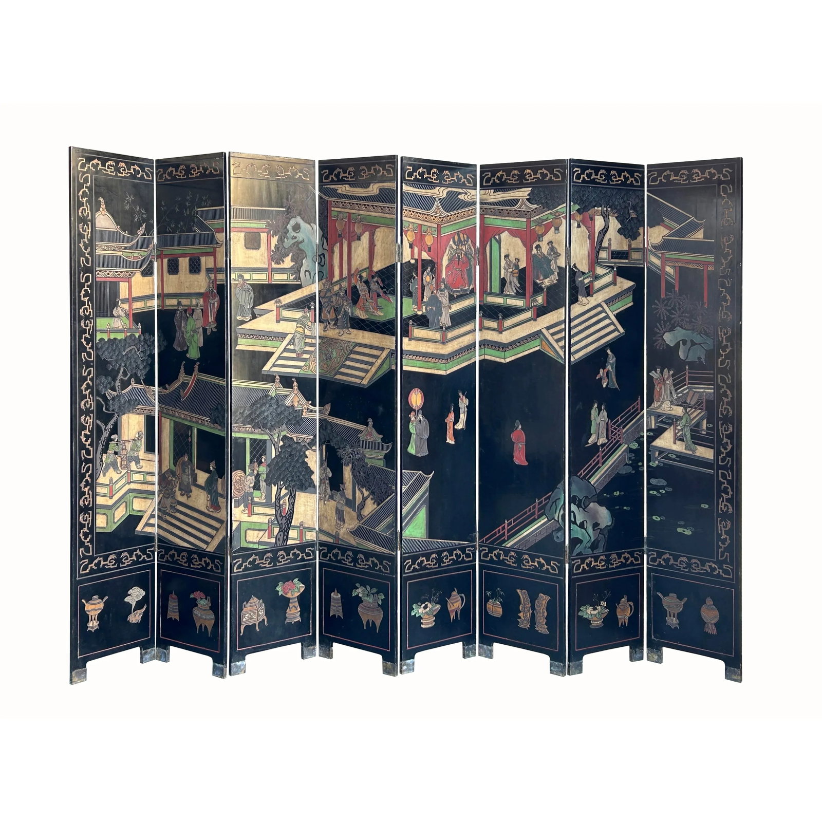Vintage Chinese Coromandel Lacquer Court House Theme 8 Panel Screen - 2