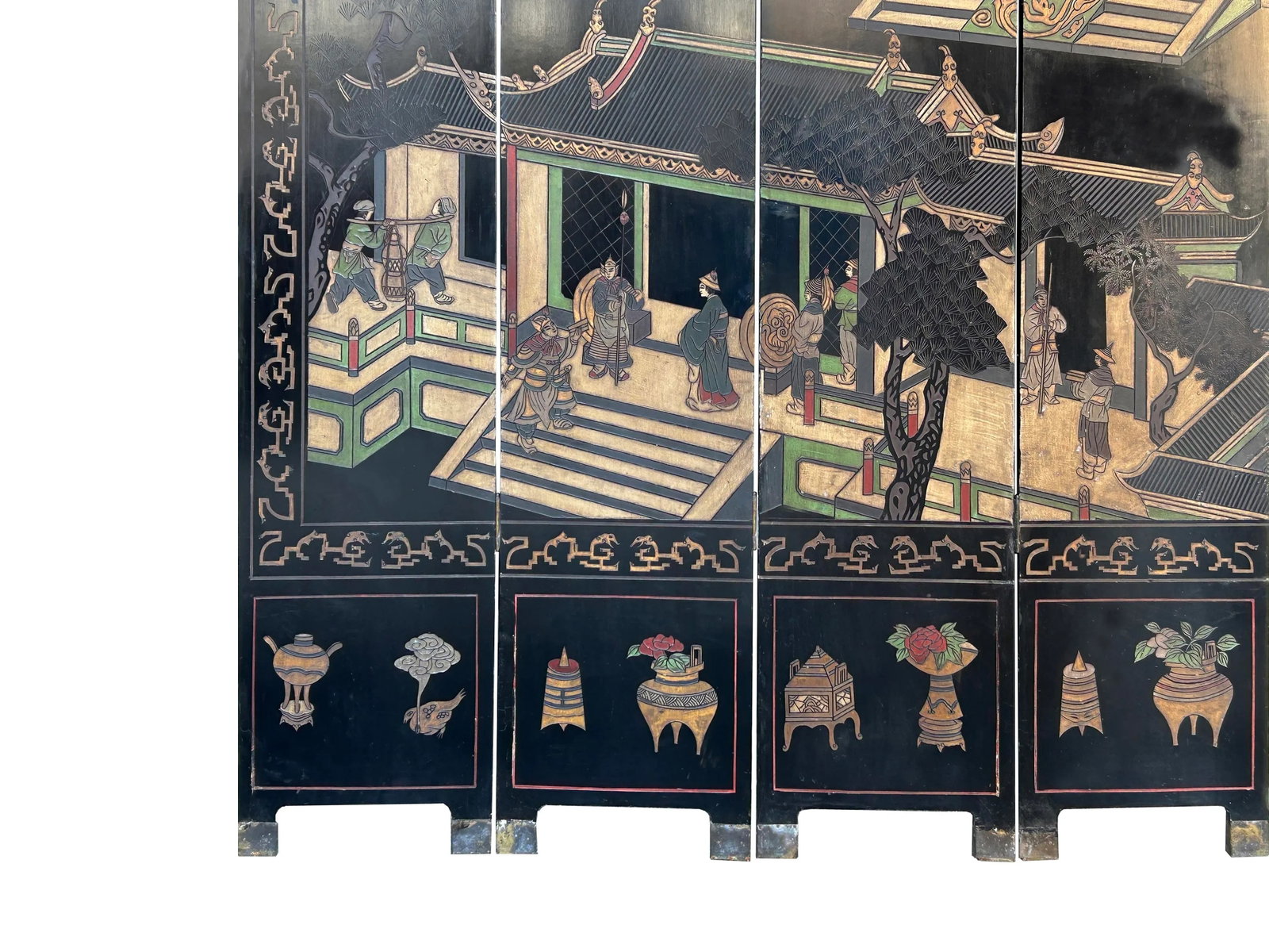 Vintage Chinese Coromandel Lacquer Court House Theme 8 Panel Screen - 3