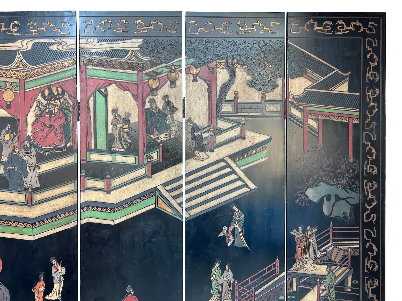 Vintage Chinese Coromandel Lacquer Court House Theme 8 Panel Screen - 5