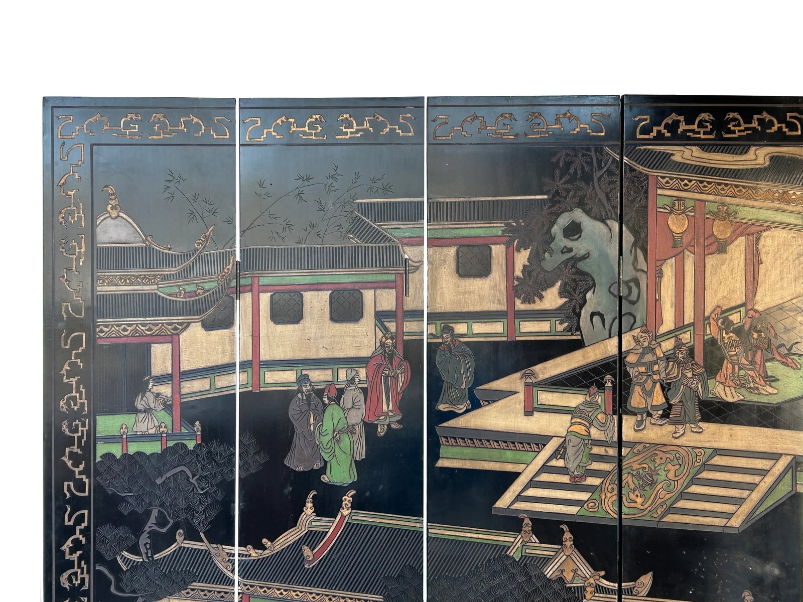 Vintage Chinese Coromandel Lacquer Court House Theme 8 Panel Screen - 6