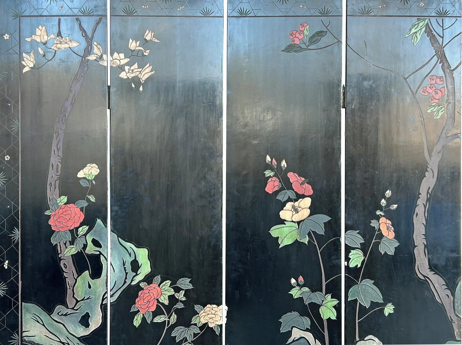 Vintage Chinese Coromandel Lacquer Court House Theme 8 Panel Screen - 9