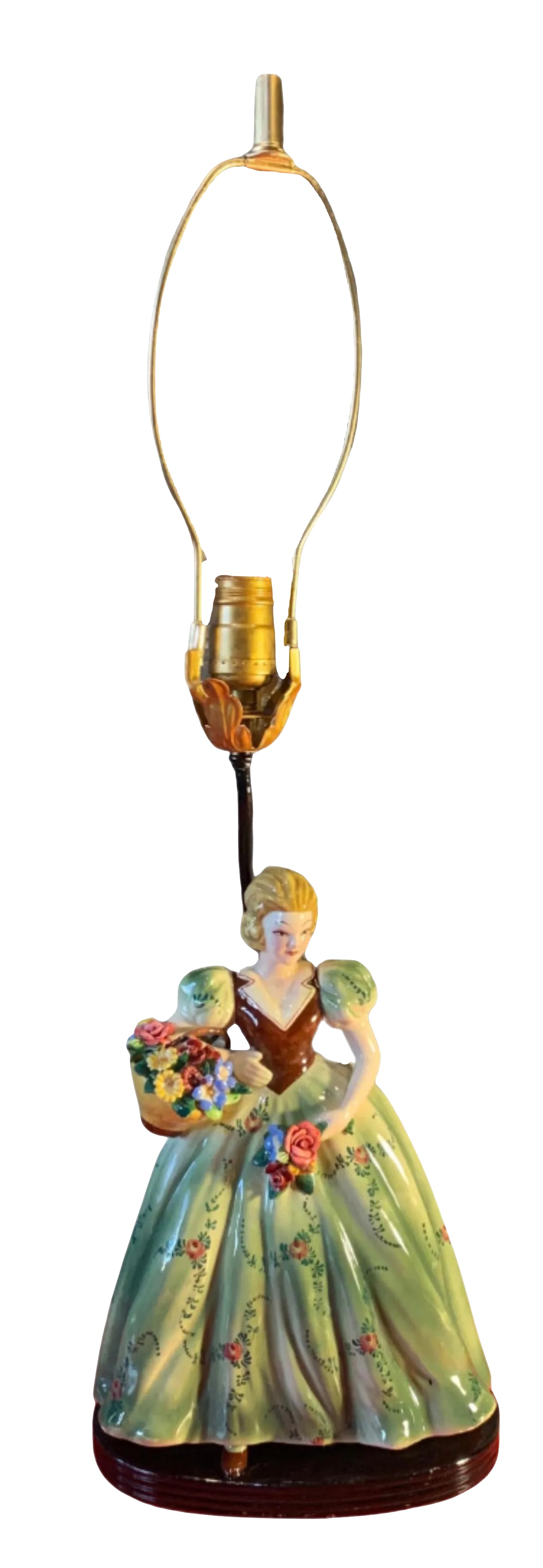 Vintage Capodimonte Porcelain Table Lamp: Lady Flower Basket: This elegant Capodimonte porcelain table lamp, crafted by skilled artisans in Italy during the early 20th century, showcases a charming figurine standing at an impressive 12 Â½ inches tall.