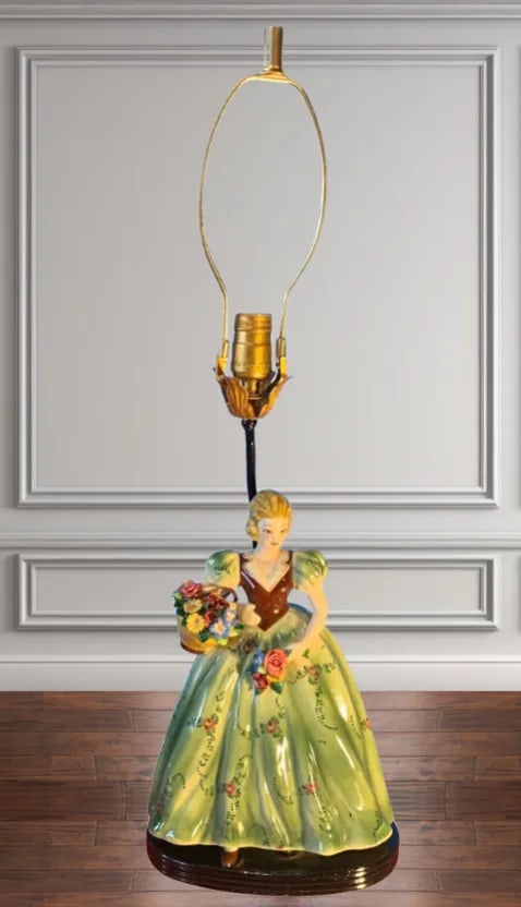 Vintage Capodimonte Porcelain Table Lamp: Lady Flower Basket - 2