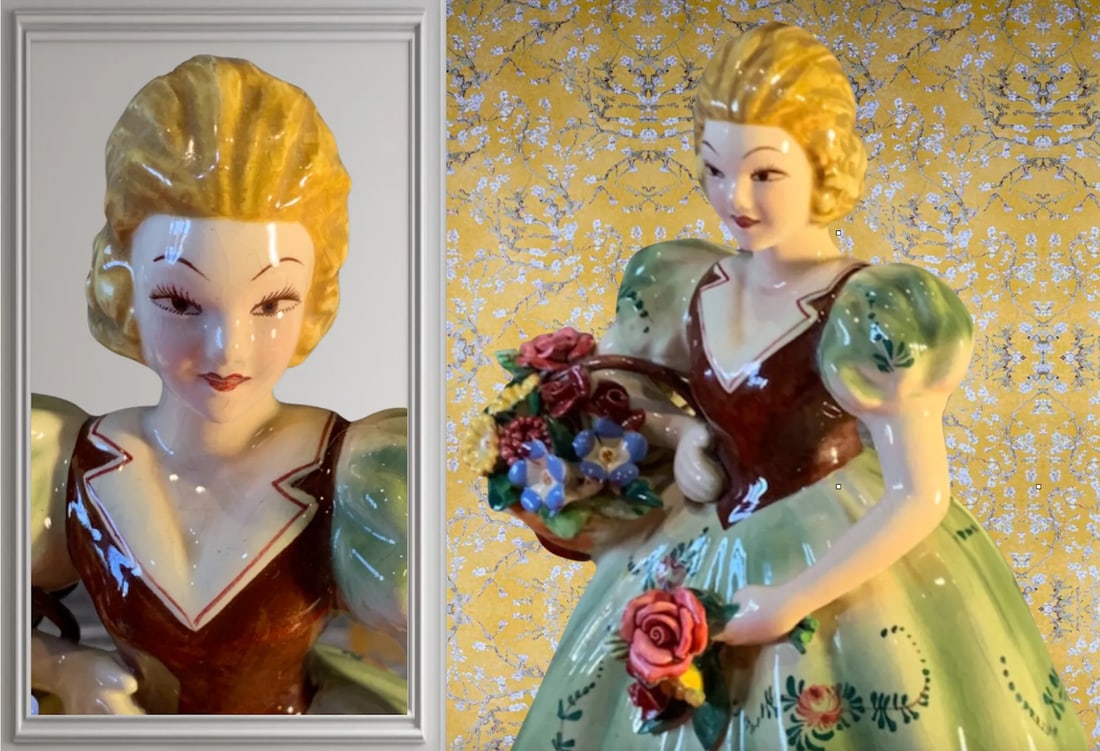 Vintage Capodimonte Porcelain Table Lamp: Lady Flower Basket - 3