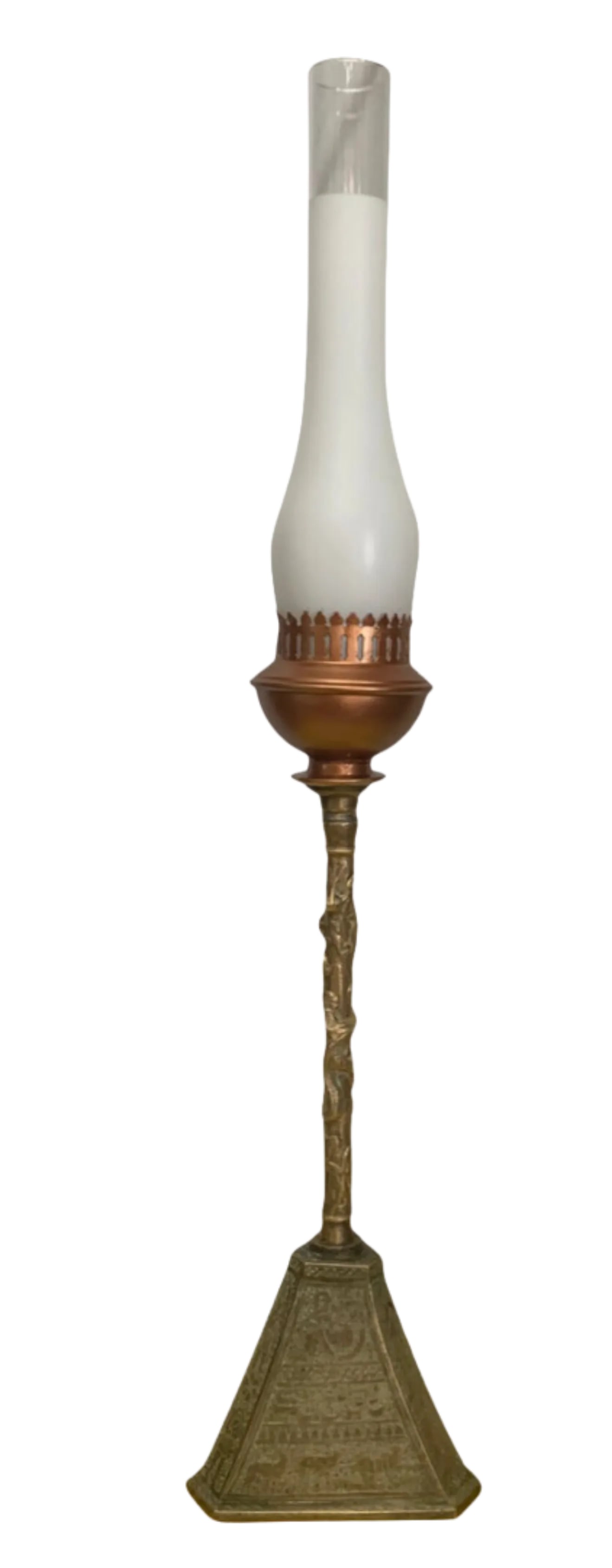 Antique Torchiere Table Lamp: Brass Pyramid Shape With Etched Hieroglyphics: Illuminate your space with this extraordinary antique brass torchiere table lamp, a stunning fusion of artistry and mythology that brings to life men, animals, and fantastical creatures influenced by 