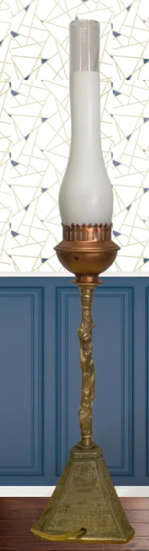 Antique Torchiere Table Lamp: Brass Pyramid Shape With Etched Hieroglyphics - 2