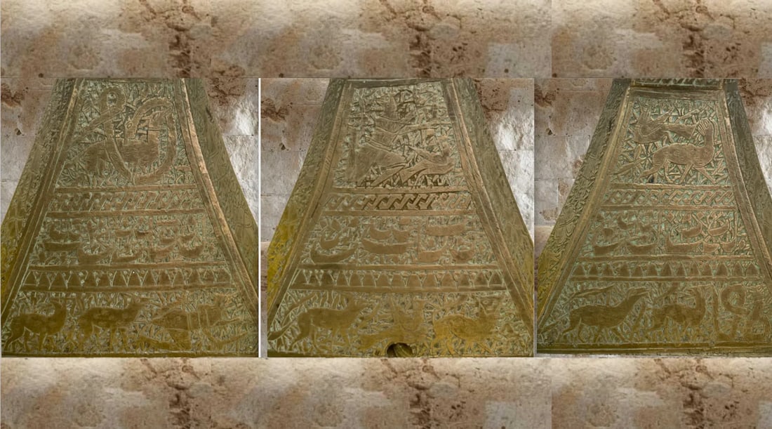 Antique Torchiere Table Lamp: Brass Pyramid Shape With Etched Hieroglyphics - 3