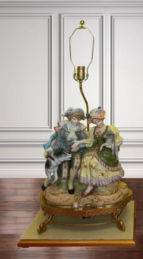 Vintage Bisque Figurine Table Lamp: Siblings Sitting With a Lamb and Dog: A Pair - 2