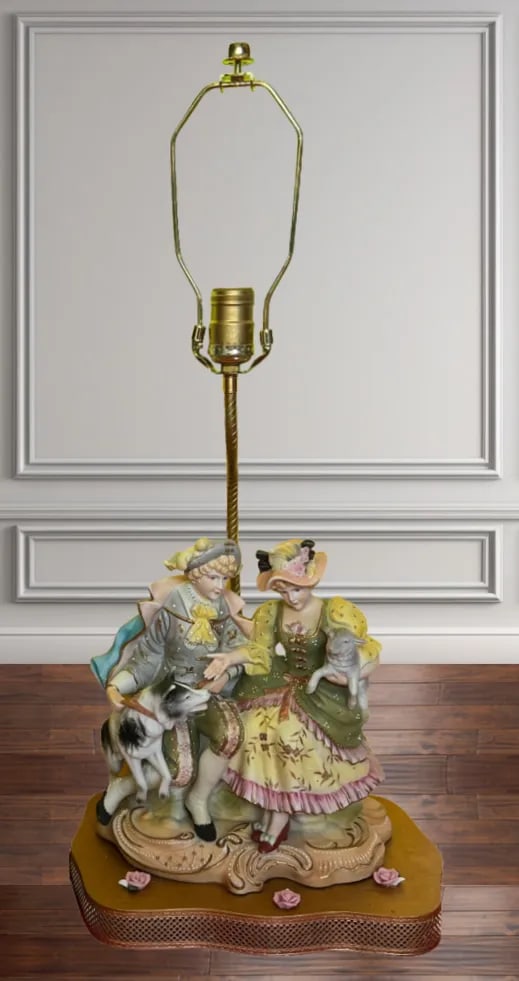 Vintage Bisque Figurine Table Lamp: Siblings Sitting With a Lamb and Dog: A Pair - 3