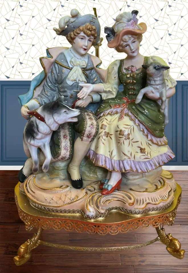 Vintage Bisque Figurine Table Lamp: Siblings Sitting With a Lamb and Dog: A Pair - 4