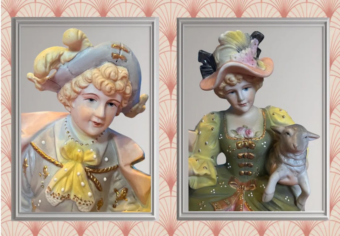 Vintage Bisque Figurine Table Lamp: Siblings Sitting With a Lamb and Dog: A Pair - 5