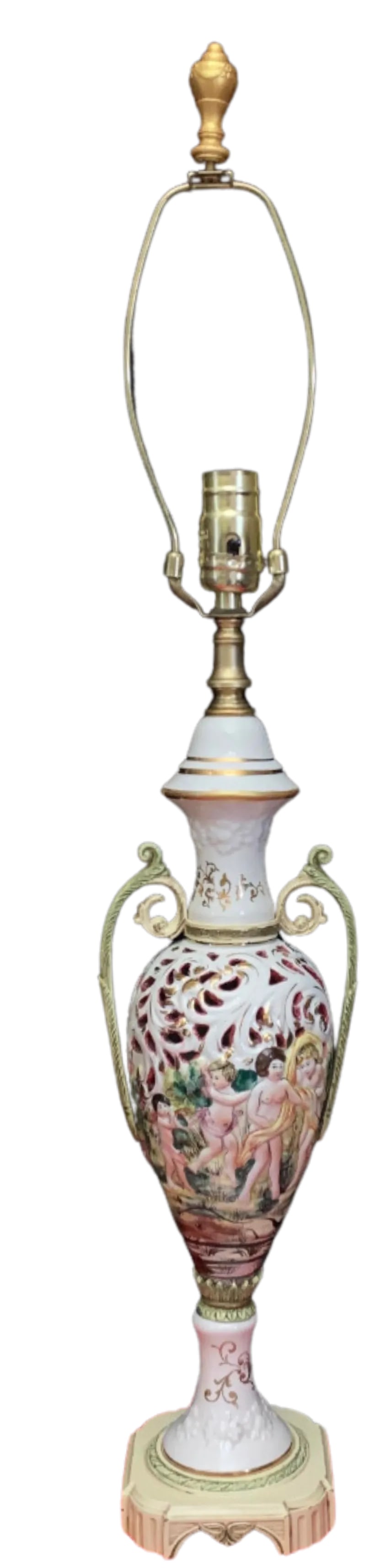 Vintage Capodimonte Porcelain Table Lamp: Cherubs and Maidens: This exquisite early mid-century Capodimonte porcelain lamp showcases the exceptional craftsmanship of renowned Italian artisans. Its curvaceous urn shape features elegantly scrolling cream and light