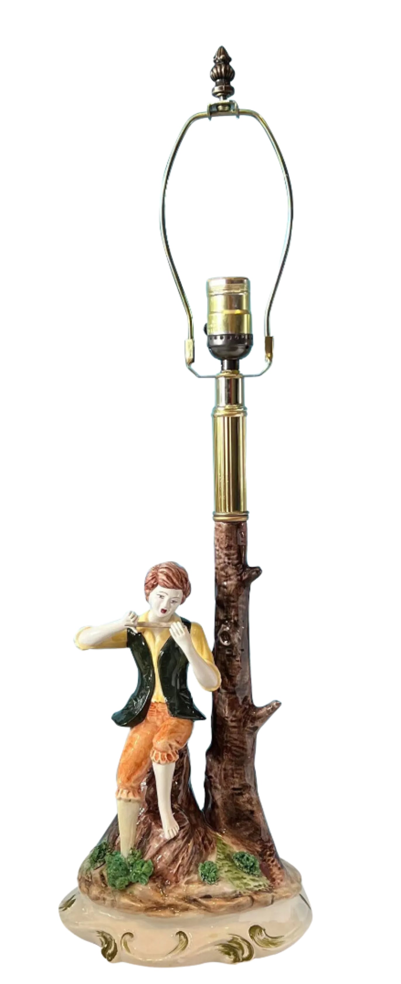 Mid-Century Capodimonte Porcelain Figural Table Lamp: Boy Playing a Flute: This exquisite mid-century Capodimonte porcelain table lamp was meticulously handcrafted by skilled artisans from the Capodimonte region of Italy. It features a charming depiction of a village boy