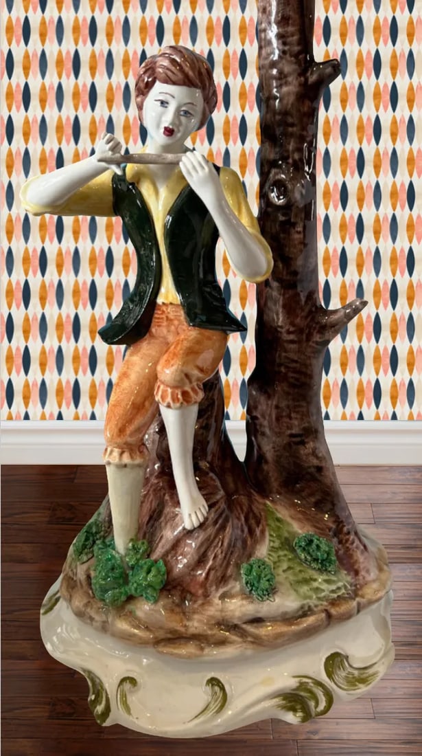 Mid-Century Capodimonte Porcelain Figural Table Lamp: Boy Playing a Flute - 7
