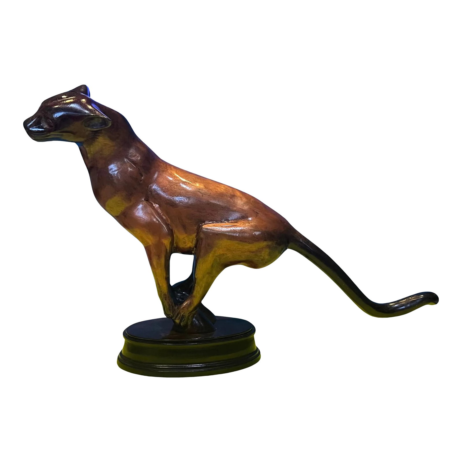 Vintage Bronze Charging Panther Sculpture: This impressive bronze sculpture masterfully captures the muscular detail and grace of a powerful panther in mid-pounce, poised on a tree trunk. The panther's sleek body showcases intricate textures