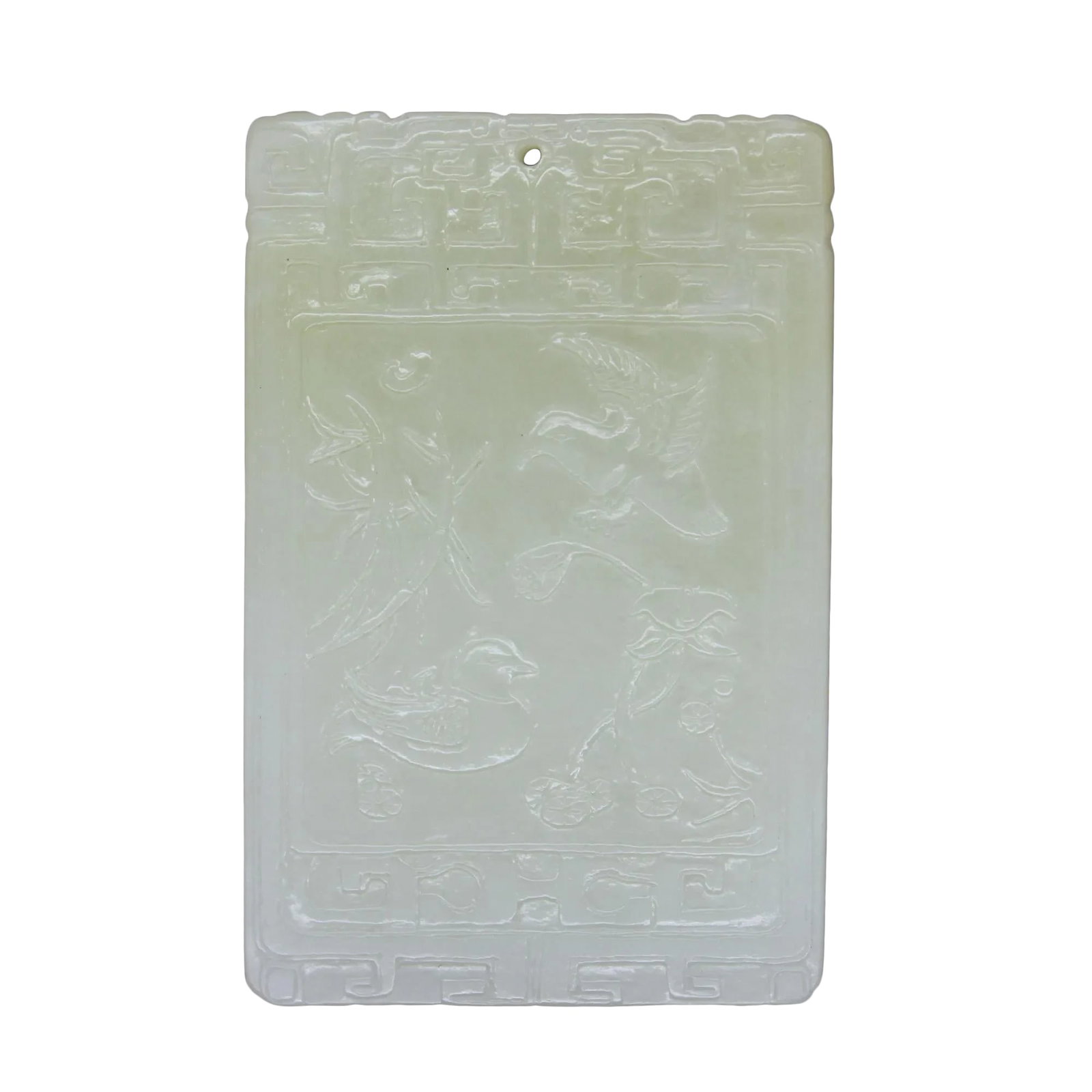 Thick White Jade Belt Plate Pendant With Chinese Love Bird Mandarin Duck Play: This beautiful belt pendant plate is carved from natural untreated thick white jade, the motif of this pendant is a pair of Chinese love bird Mandarin duck play in a lotus swan. Mandarin Duck is the