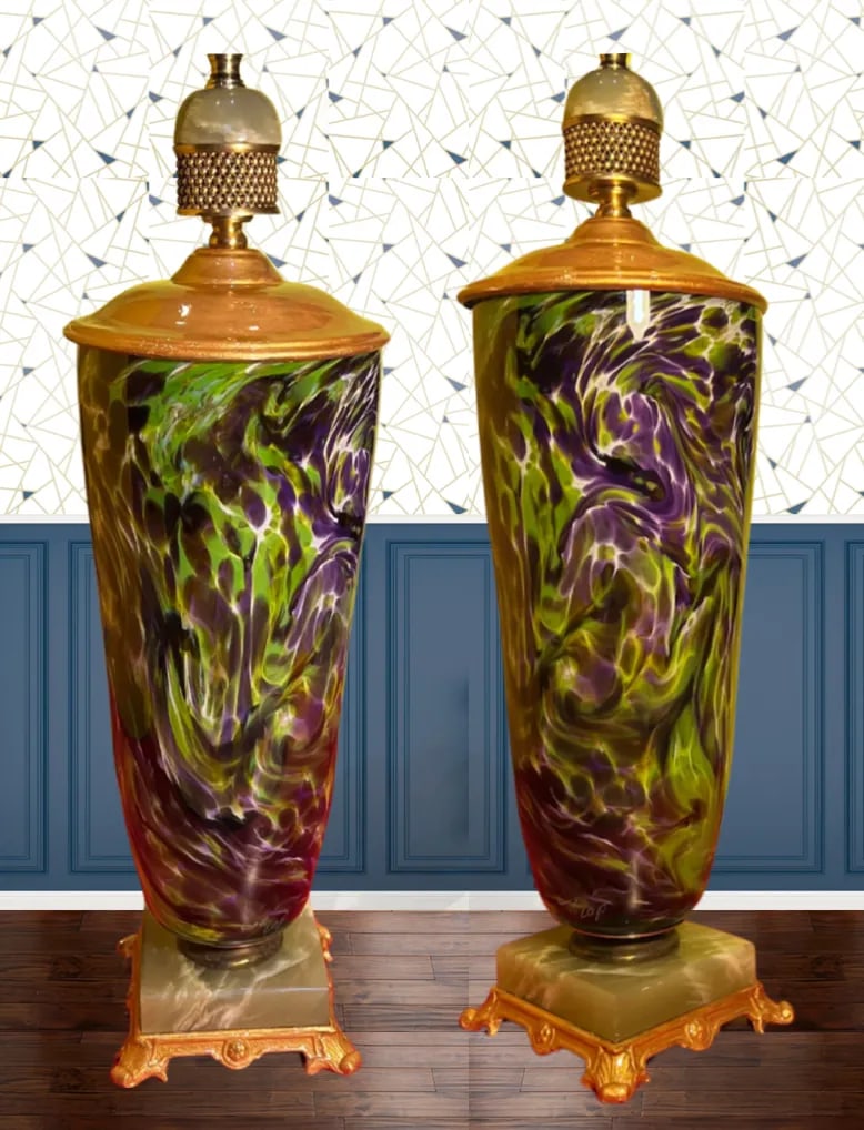 Vintage Art Glass and Agate Stone Purple Green Abstract Pattern Table Lamp- - 11