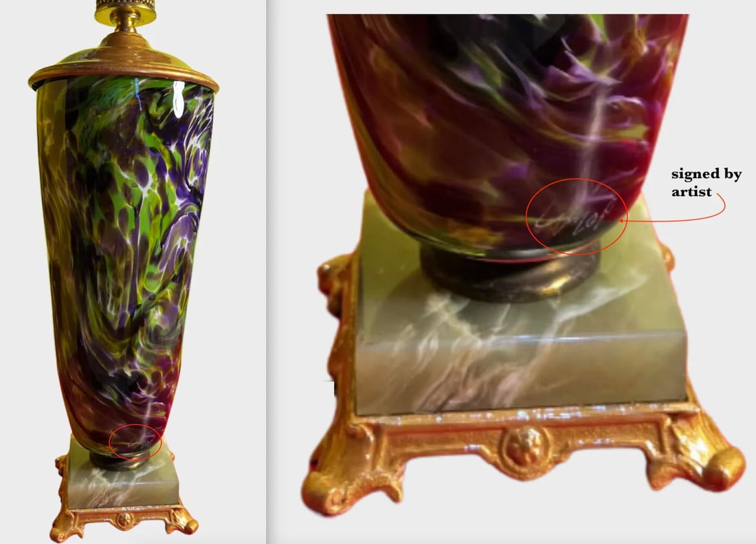 Vintage Art Glass and Agate Stone Purple Green Abstract Pattern Table Lamp- - 12