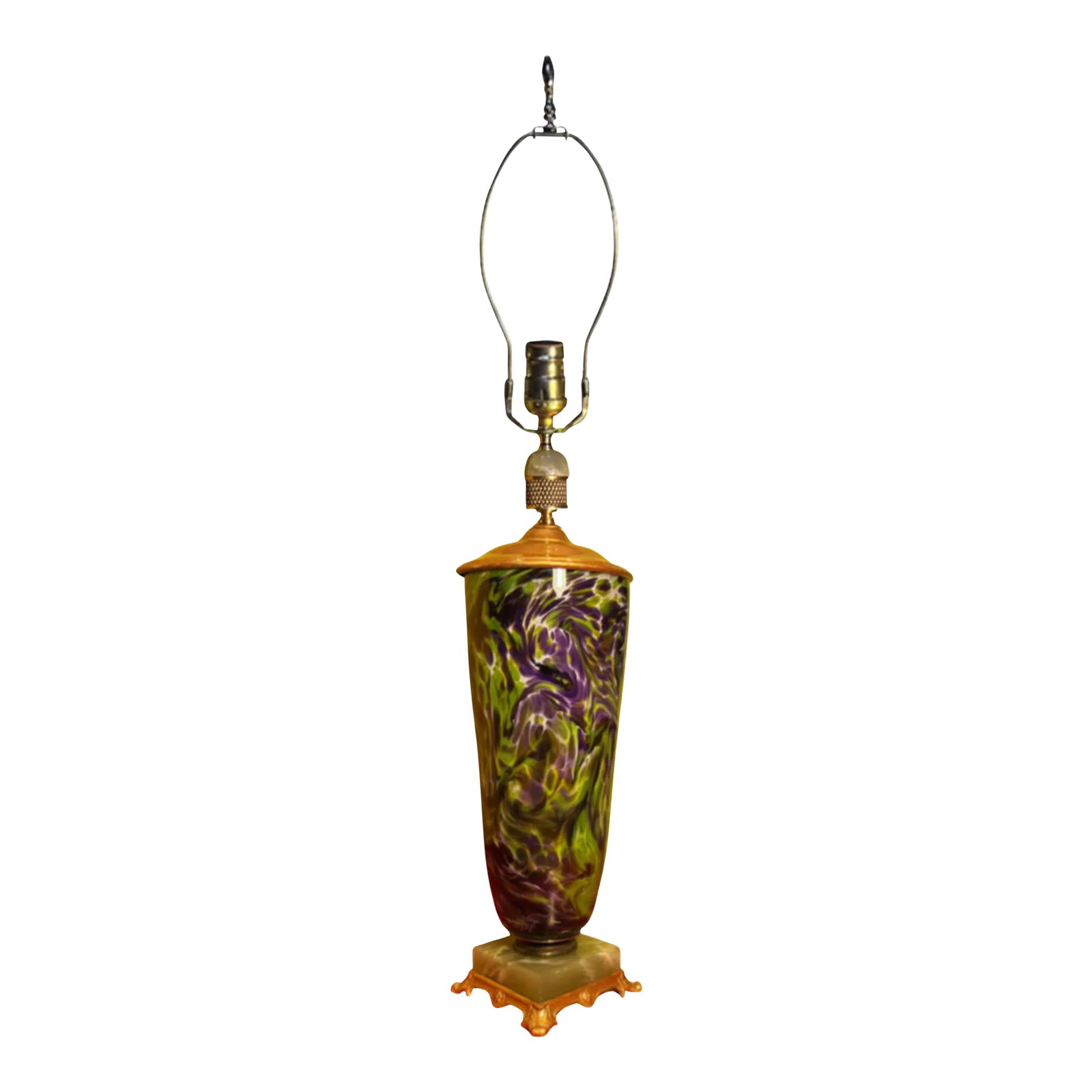 Vintage Art Glass and Agate Stone Purple Green Abstract Pattern Table Lamp-: This exquisite, one-of-a-kind table lamp seamlessly melds contemporary art glass with mid-century brass and agate stone, creating a stunning focal point for any room. The lamp's body is a masterpiece