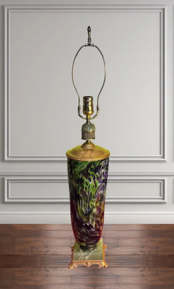 Vintage Art Glass and Agate Stone Purple Green Abstract Pattern Table Lamp- - 2