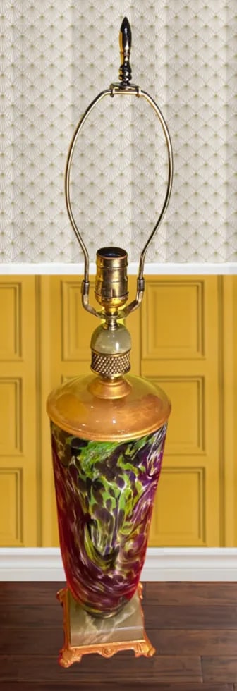 Vintage Art Glass and Agate Stone Purple Green Abstract Pattern Table Lamp- - 3