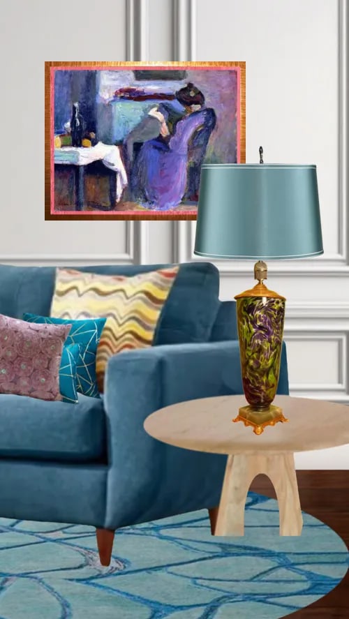 Vintage Art Glass and Agate Stone Purple Green Abstract Pattern Table Lamp- - 4