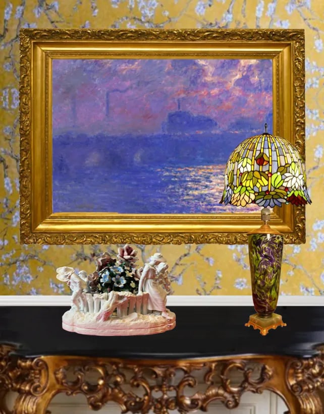 Vintage Art Glass and Agate Stone Purple Green Abstract Pattern Table Lamp- - 5
