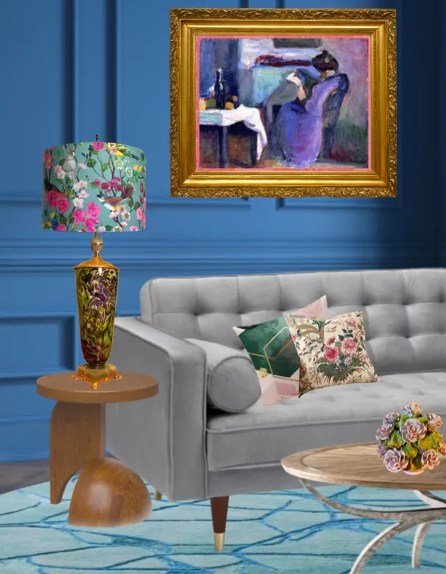 Vintage Art Glass and Agate Stone Purple Green Abstract Pattern Table Lamp- - 6