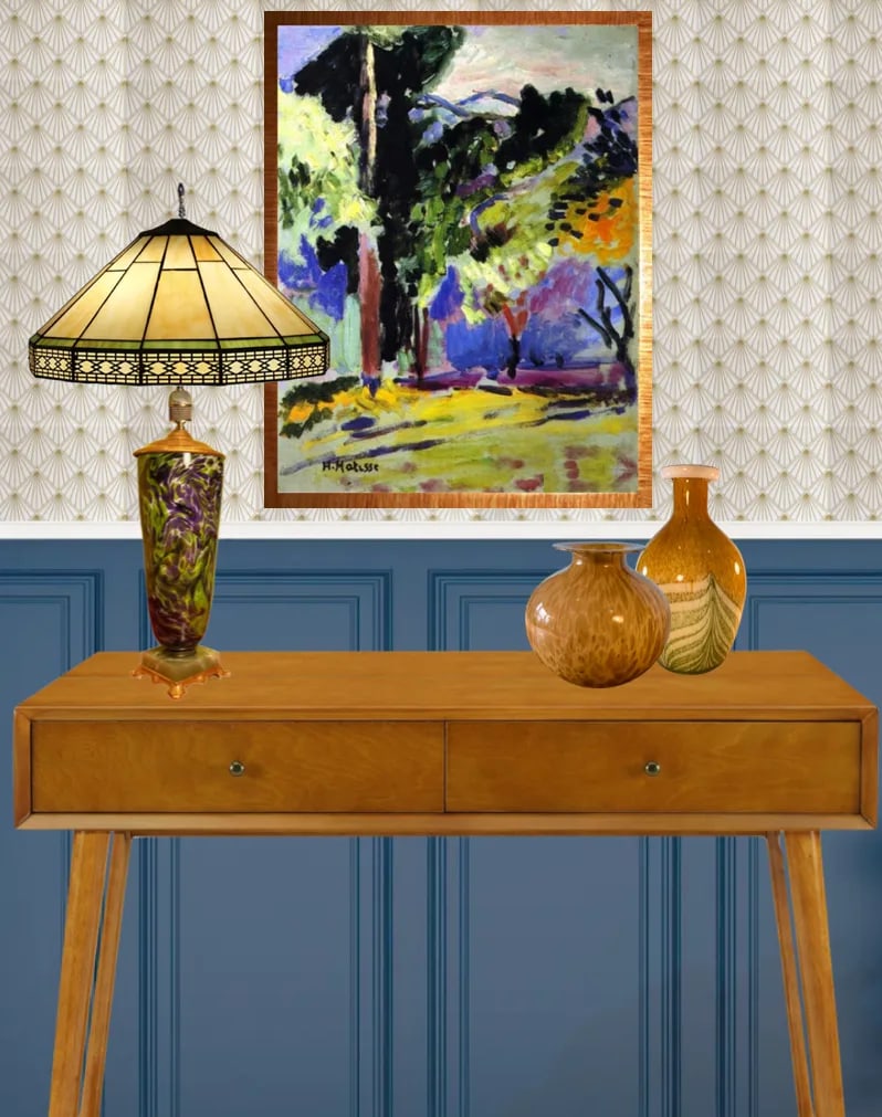 Vintage Art Glass and Agate Stone Purple Green Abstract Pattern Table Lamp- - 7