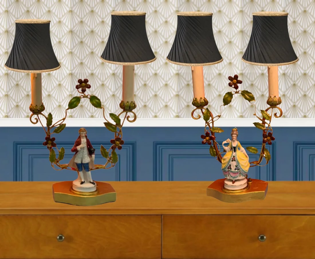 Antique Tole Candelabra Table Lamp: Courting Lady & Gentleman - 10