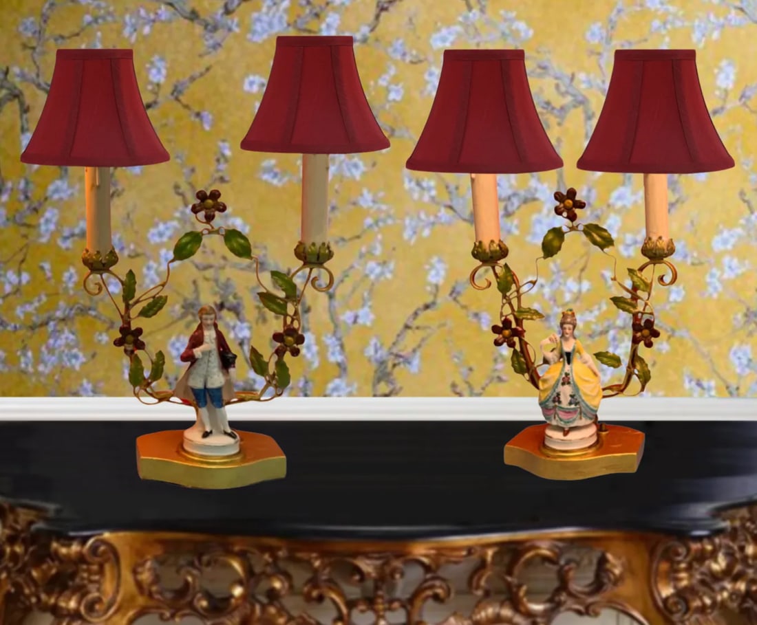 Antique Tole Candelabra Table Lamp: Courting Lady & Gentleman - 12